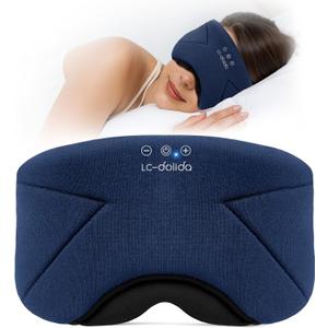 Sleep Mask with Headphones Bluetooth 5.4, LC-dolida Wireless Music Eye Mask for Sleeping Headphones with Soft Bamboo Cotton Cooling Breathable,Ultra-Thin Stereo Speaker for Side Sleepers-Blue