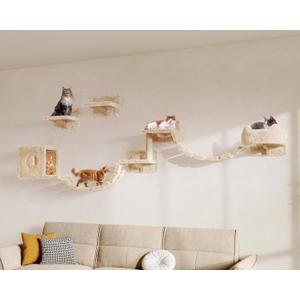 9-in-1 Cat Wall Shelves, Cat Wall Furniture Set with Bridge, Beige