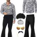 70s Outfits for Men, 7Pcs Disco Costume Include Retro Shirt Bell Bottom Pants Wig Sunglasses Necklace Wig Cap for Disco Party, XXL