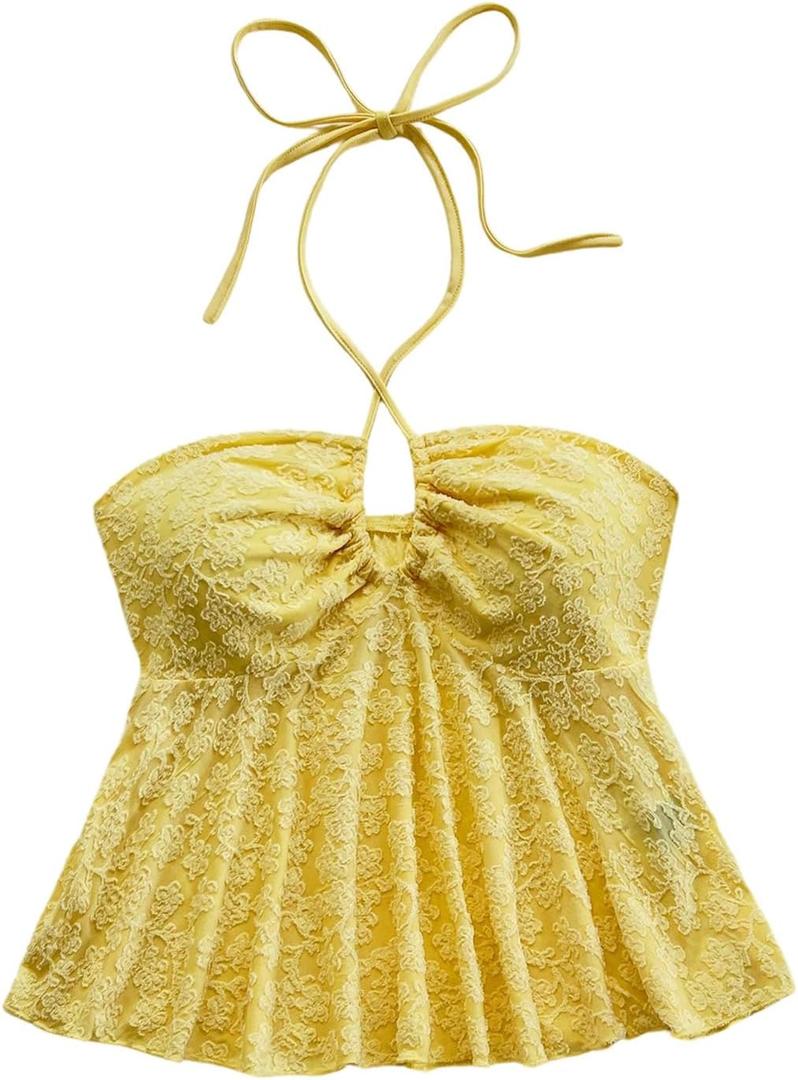 Milumia Women's Boho Textured Halter Top Pleated Ruffle Hem Summer Cami Tops (M)