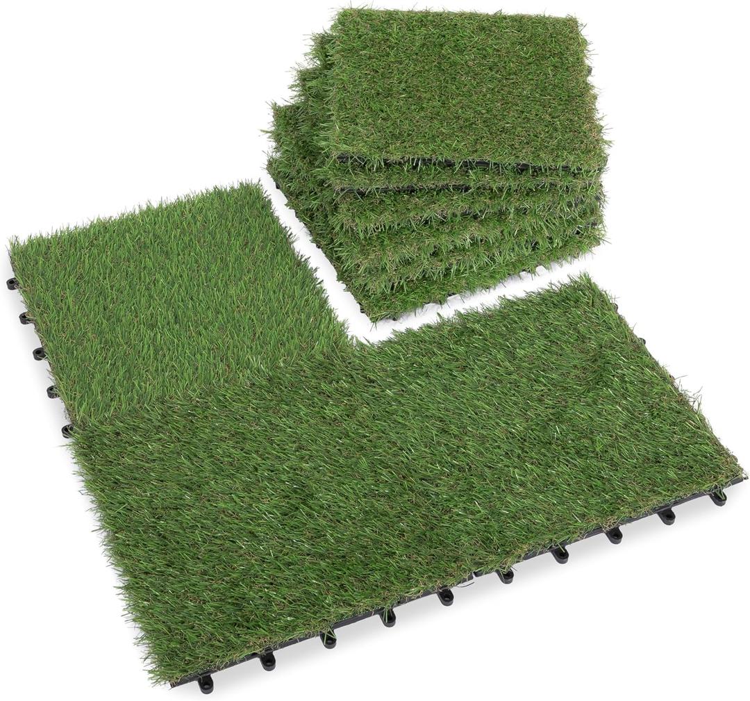 Artificial Grass Turf Tiles Interlocking Set 10 Pieces, Fake Grass Tiles Self-draining for Pet Indoor/Outdoor Flooring Decor,11.8x11.8 inches