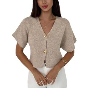 SOLY HUX Women's Short Sleeve Cardigan Sweater Spring Office Clothes Button Down V Neck Slim Fit Elegant Knit Tops, S