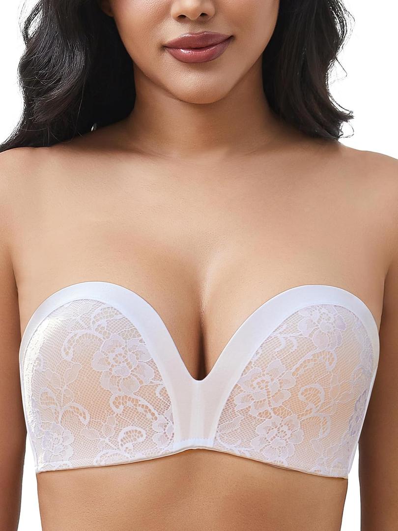Strapless Bra Non-Slip No Underwire Padded Bandeau Multiway Smoothing Bras Convertible Straps (32D, White)