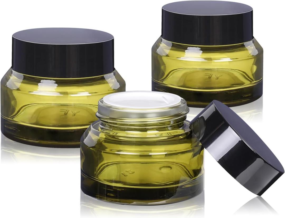 Glass Cosmetic Jars with Lids, 3 Pack Small Glass Jars, 30 ml Empty Makeup Containers for Sample, Cream, Lotion (1 oz, Green)