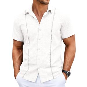 Runcati Mens Short Sleeve Guayabera Shirts Cuban Button Down Casual Shirt (L)
