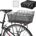 Rear Bike Basket - Large Bicycle Rear Basket with Cargo Net and Waterproof Cover, Wire Bike Baskets Rear Large Capacity (NO Bike Rack Include)