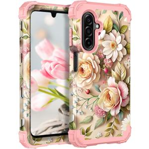 TEECOVER Heavy Duty Case for Samsung Galaxy A17, Rose Gold Flowers | Shockproof Full-Body Drop Protection Hard Plastic Bumper + Soft Silicone Rubber Protective Case for Women Girls.