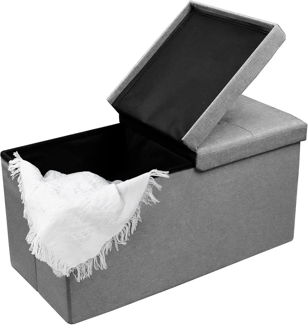 CAROLMADE 30 Inches Storage Ottoman Bench with Flipping Lid, Linen Foldable Storage Footrest, Ottoman with Storage for Living Room Holds up to 330lbs, Light Grey, 30"D x 15"W x 15"H
