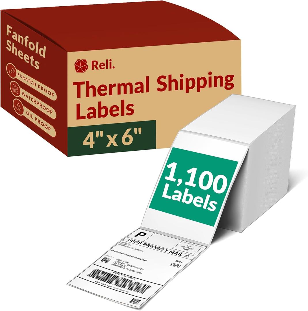 Reli. Thermal Shipping Labels (1100 Pack) 4x6 Thermal Labels | Fanfold, Direct Heat Printer Paper | Shipping Stickers Compatible w/Rollo & Most ThermalPrinters (4"x6", White)