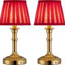 KDG Cordless Portables Table Lamp Set of 2, LED Fabric Shade Small Desk Lamps, 5000mAh Battery Powered Lighting, 2700K Stepless Dimmable Light for Living Room, Dining Room, Bedroom (Gold+Red)