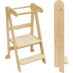 Foldable Toddler Tower 95% Preassembled Kitchen Stool Helper Folding Step Stool for Kids with 3 Adjustable Height Montessori Toddler Standing Tower for Kitchen Counter Sink Natural