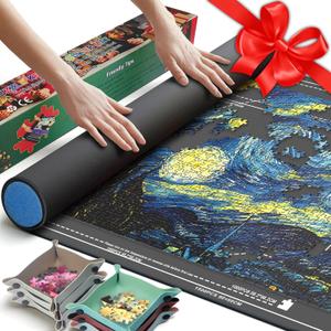 Puzzle Mat Roll Up with 6 Leather Sorting Trays - 42" x 25" Large Jigsaw Puzzle Saver Mat,Portable Puzzle Keeper for Up to 1500 Pieces,Includes Storage Bag & Foam Tube for Adults