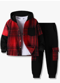 11-12 Years Boys Clothes Flannel Plaid Shirt Hooded Sweatshirt & Pants 2PCS Kids Boys Fall Winter Outfits Sets