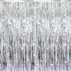 GOER 6.4 ft x 8.2 ft Metallic Tinsel Foil Fringe Curtains,Pack of 2 Party Streamer Backdrop for Birthday,Graduation Decorations and New Year Eve (Silver)