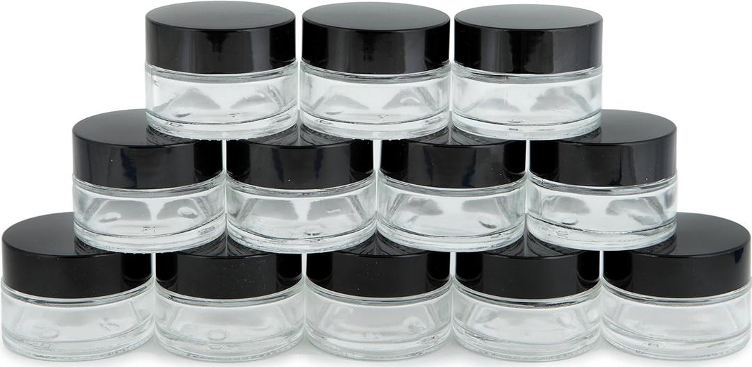 Vivaplex, 12, Clear, 15 ml (1/2 oz), Round Glass Jars, with Inner Liners and black Lids