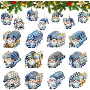 36Pcs 12-Design 3.14-Inch Hanukkah Gnome Wooden Ornaments with Hemp Rope