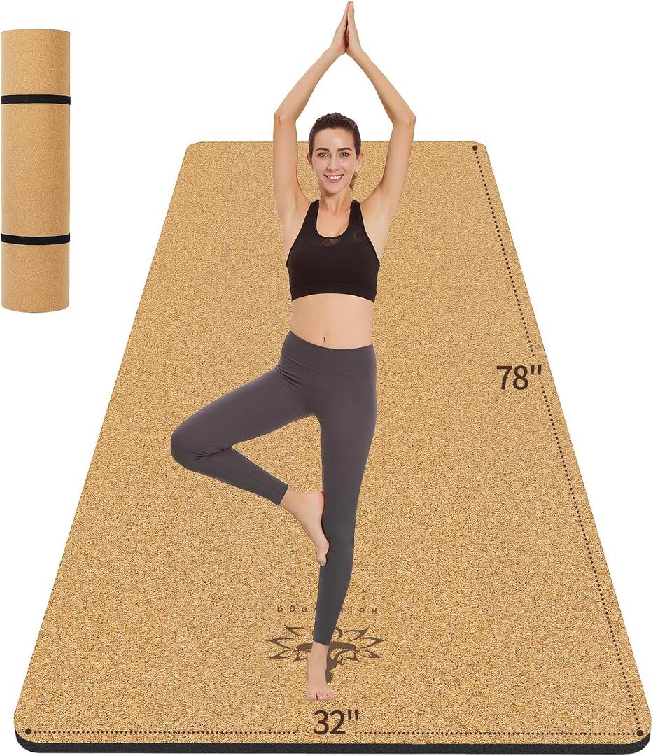 Hatha Yoga Extra Large Natural Cork Yoga Mat - 78" x 32" or 72" x 48", 1/2" Extra Thick Non-slip TPE Exercise Mat, Anti-tear Pilates Mat for Home, Gym, Hot Yoga, Stretching, Fitness & Workouts