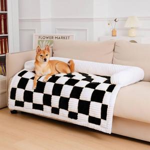 FUNNY FUZZY Pet Couch Covers for Sofa, Large Couch Cover for Dogs Washable Cream Square Plaid Pet Bed Mat for Furniture Protector Sofa Cover for Pets, Large, Black