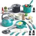 Bruvoalon 32Pcs Kids Play Kitchen Toys Set, Toddlers Pretend Cooking Playset Accessories with Pots Pans, Utensils Cookware, Foods, Canned Veges, Learning Gift for Kids Girls Boys (Green)