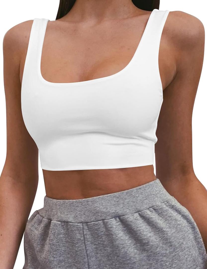 Mizoci Women's Basic Sleeveless Square Neck Cropped Double Layer Sexy Crop Tank Top (Large, White)