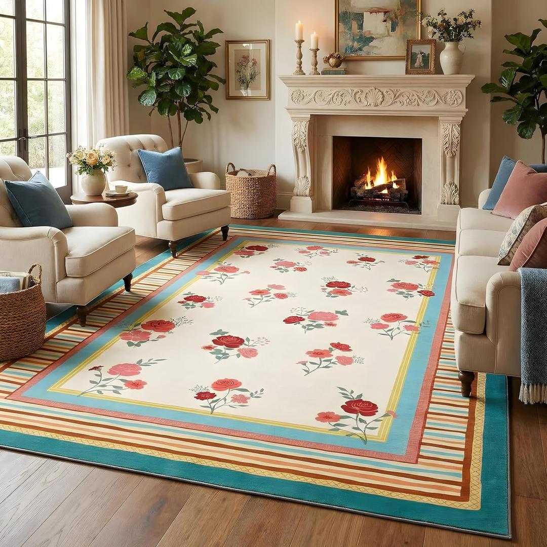 GarveeHome Beige 5x7 Area Rug, Vintage Floral Design, Machine Washable Rug Low Pile, Lightweight Non Slip, Soft Carpet for Living Room Bedroom Dining Room Nursery
