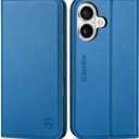 SHIELDON Wallet Case for iPhone 16 2024, Genuine Leather Folio Case with Kickstand, RFID Blocking Card Slots, Magnetic Shockproof Cover, Compatible with iPhone 16 5G 6.1" - Sapphire Blue