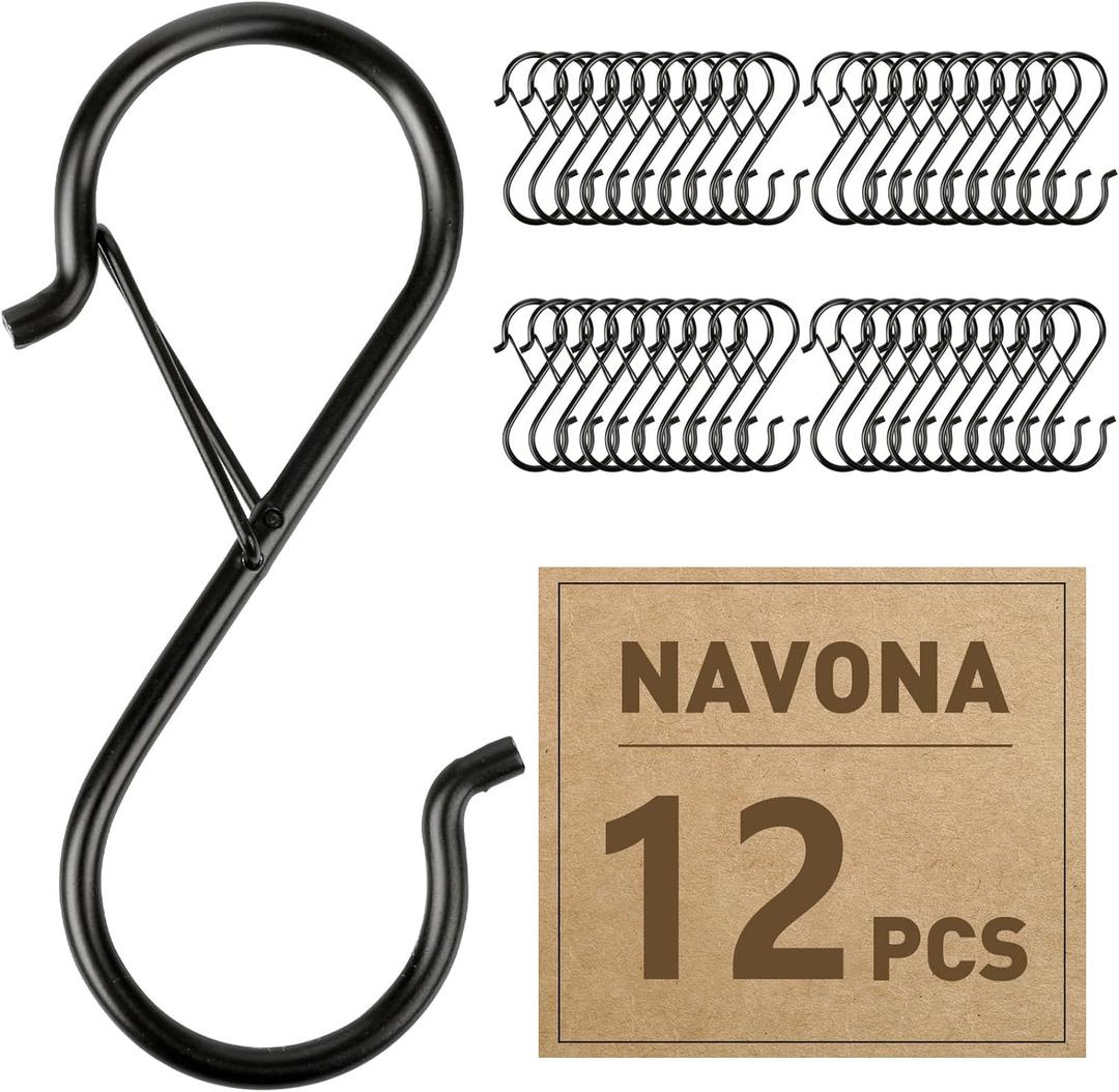 Navona 12 Pcs S Hooks for Hanging Heavy Duty, 3.5-inch Heavy Duty Metal S Hook, Closet Hooks with 0.5-inch Safety Buckle, S Hook for Hanging Plants, Kitchen Utensil, Pot, Pan, Bags (12PCS)