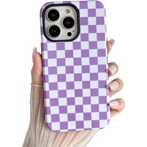 Compatible with iPhone 14 Pro Max Case Cute Aesthetic Checkerboard Checkered Phone Case for Women Girl Shockproof Slim TPU and Hard PC Protective Cover (Purple)