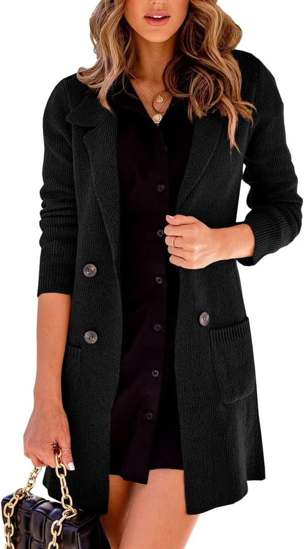 Danedvi Women Open Front Lapel Collar Cardigan Button Down Long Sweaters Cardigan Solid Outerwear Coats (Large, Black)