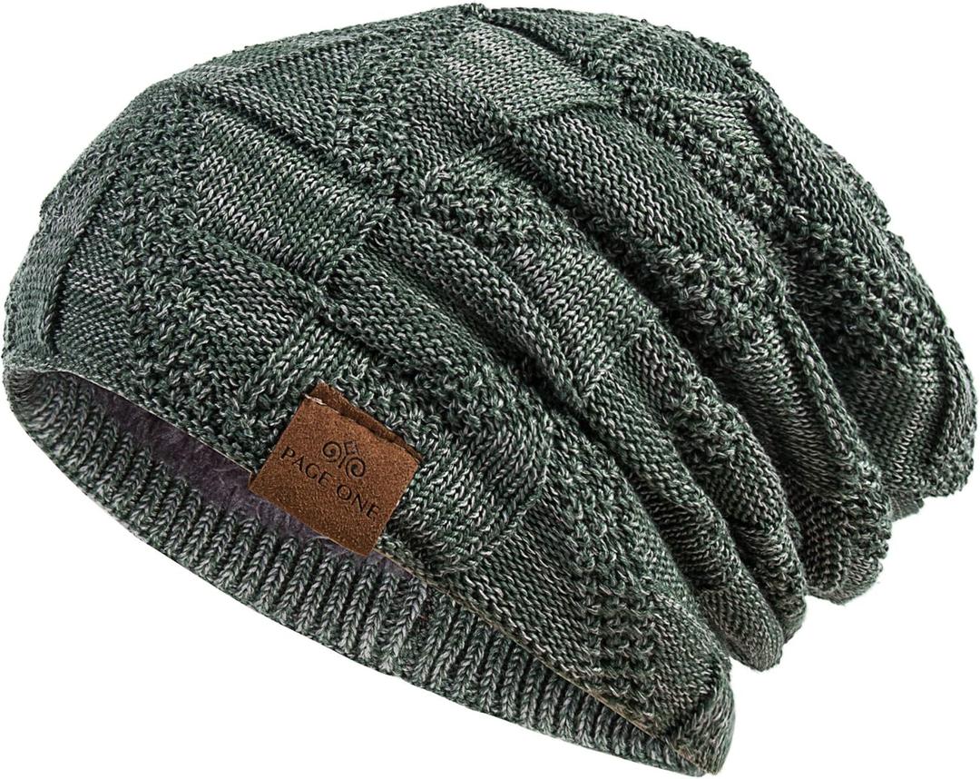 PAGE ONE Mens Winter Slouchy Beanie Warm Fleece Lined Skull Cap Baggy Cable Knit Hat (Light Green)