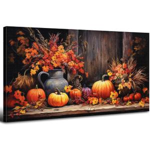 Orange Pumpkin Canvas Wall Art Kitchen Wall Decor Farmhouse Dining Room Pictures Halloween Painting Autumn Flowers Canvas Prints Fall Harvest Theme Posters Artwork Home Decorations 20x40" (40L" x 20W")
