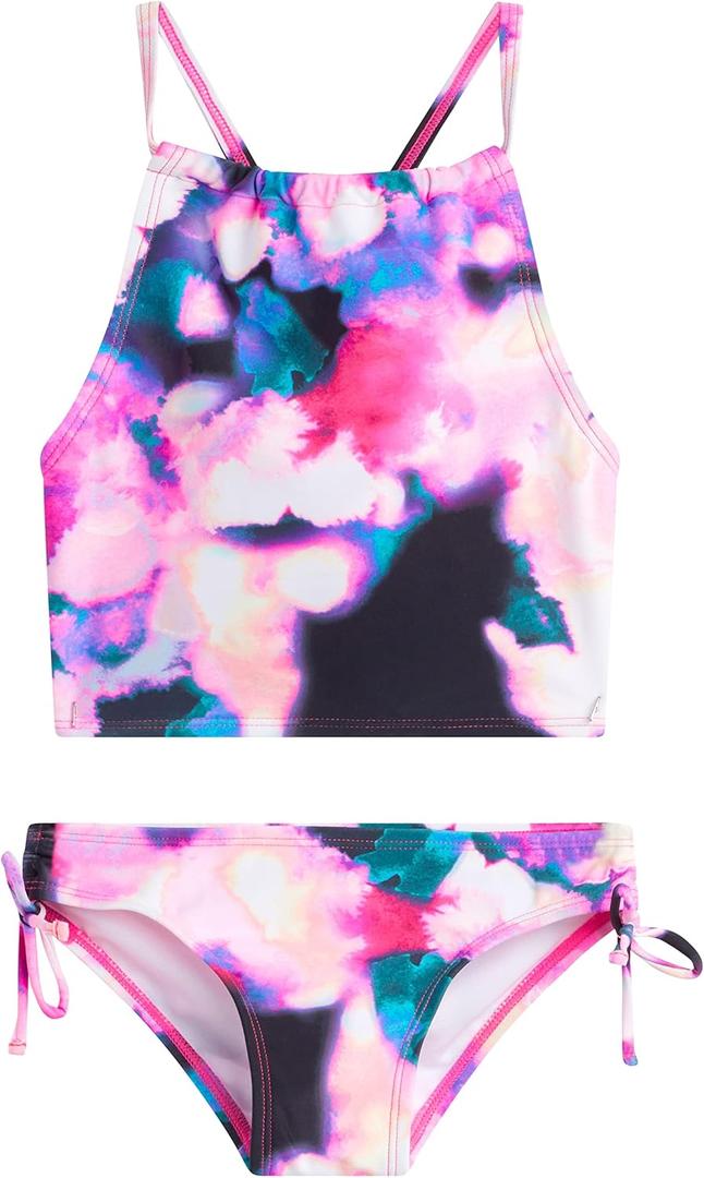 Kanu Surf Girls' Daisy UPF 50 Beach Sport Halter Tankini 2-Piece Swimsuit (12, Tropical Reef Black/Pink)