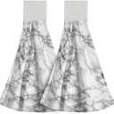Giwawa White Marble Kitchen Hanging Towel, Black Textured Marbling Hand Tie Towels with Hook & Loop Set of 2, Elegant Granite Stone Surface Soft Tea Bar Dish Towel for Bathroom Laundry Room Decor
