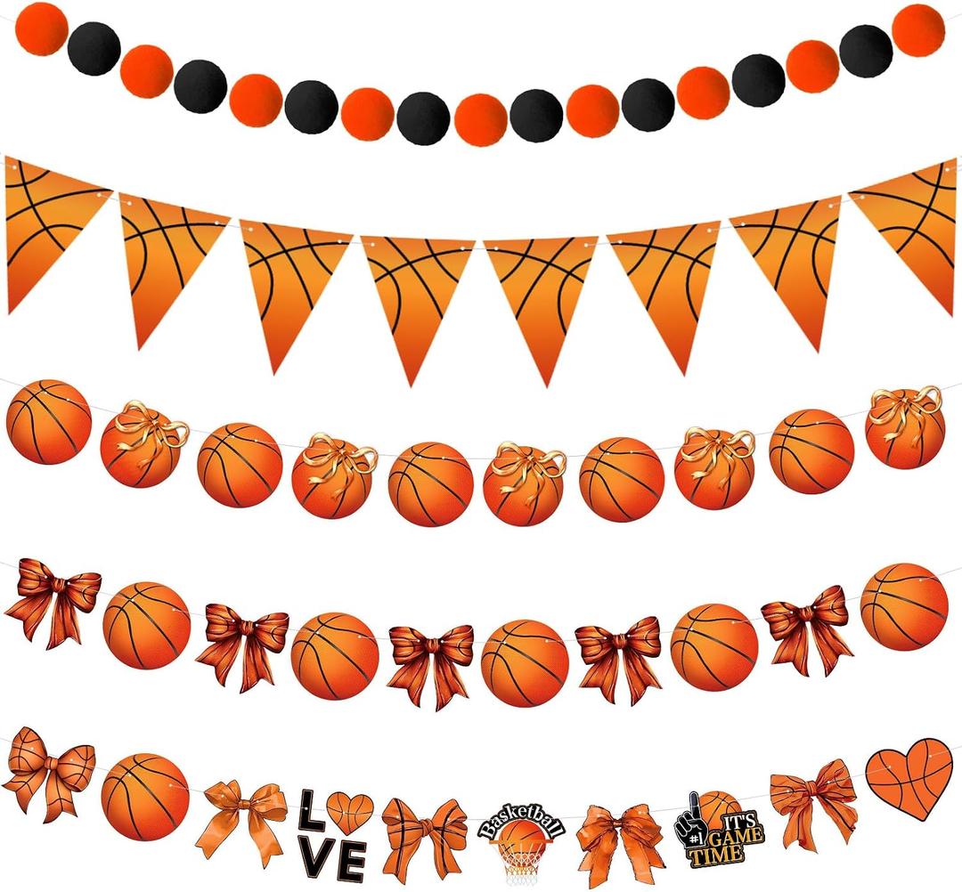 5 Pcs Basketball Bow Party Banner Decorations Senior Night Sports Garland Decor Basketball Coquette Birthday Party Decorations Hanging Decor Sports Game Garland for Birthday Supplies