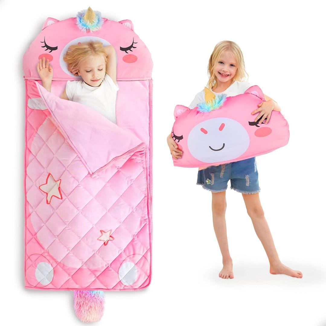 iPlay, iLearn Kid Sleeping Bag, Unicorn Slumber Sack, Toddler Girl Nap Mat, 2 in 1 Pink Animal Cushion Blanket, Happy Travel Sleepover Daycare Preschool Birthday Gift for 3 4 5 6 Year Old Child (54 x 27 x 1 inches)