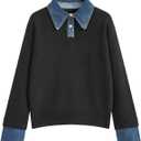 Womens Denim Lapel Sweater Oversized Long Sleeve Button Down Polo Knit Pullover Sweaters 2025 Fall Outfits (Small, Black)