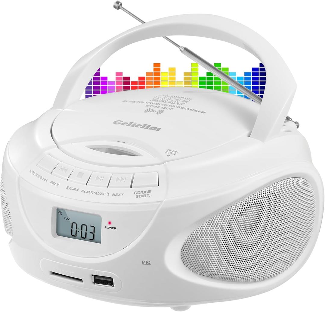 Gelielim Portable CD Player Boombox with Bluetooth, AM/FM Radio, Stereo Sound, Top-Loading CD Player for Home, Supports USB/AUX/Headphone Jack, AC/Battery Powered, Ideal for Kids Elderly (White)