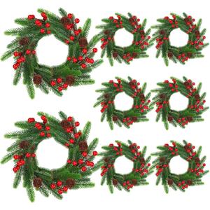 8 Pcs 11 Inch Small Christmas Candle Rings Wreaths Mini Christmas Wreath Artificial Pine Red Berries Pine Cone Faux Candle Ring Holder for Xmas Table Centerpiece Cabinet Window Door Decor