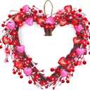 TURNMEON 16" Heart Shaped Lighted Valentines Wreath with 20 Red Lights, Pink & Red Hearts, Adjustable Branch, Indoor/Outdoor Use
