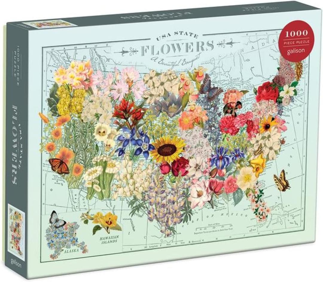 Galison Wendy Gold USA State Flowers Puzzle, 1000 Pieces, 20 x 27  Jigsaw Puzzle Featuring a Colorful Illustration  Thick Sturdy Pieces, Challenging Family Activity, Great Gift Idea
