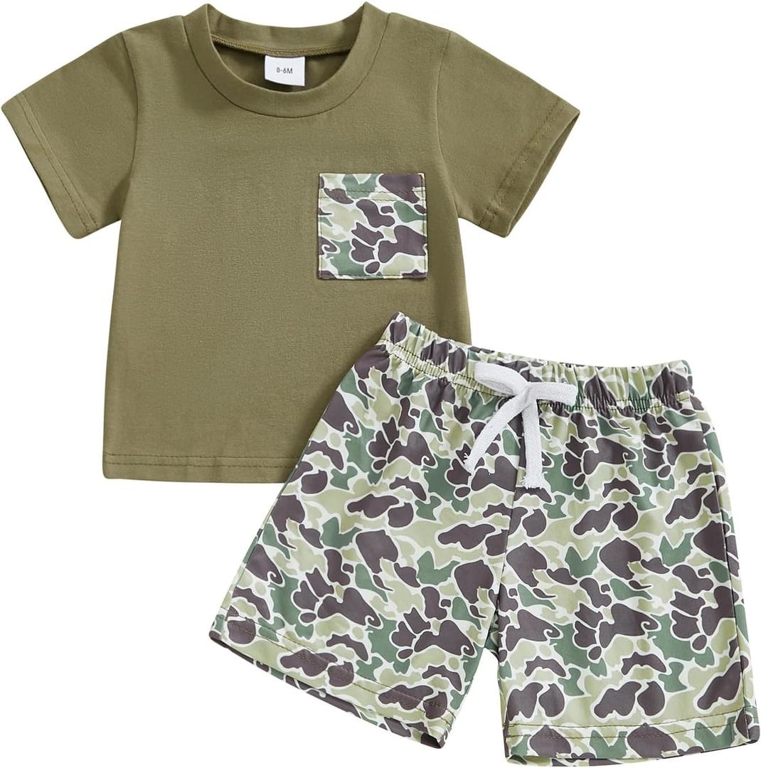 Toddler Baby Boy Summer Clothes Retro Embroidery Duck Hunting Shirts T-Shirt + Elastic Camouflage Shorts Set (Army Green)