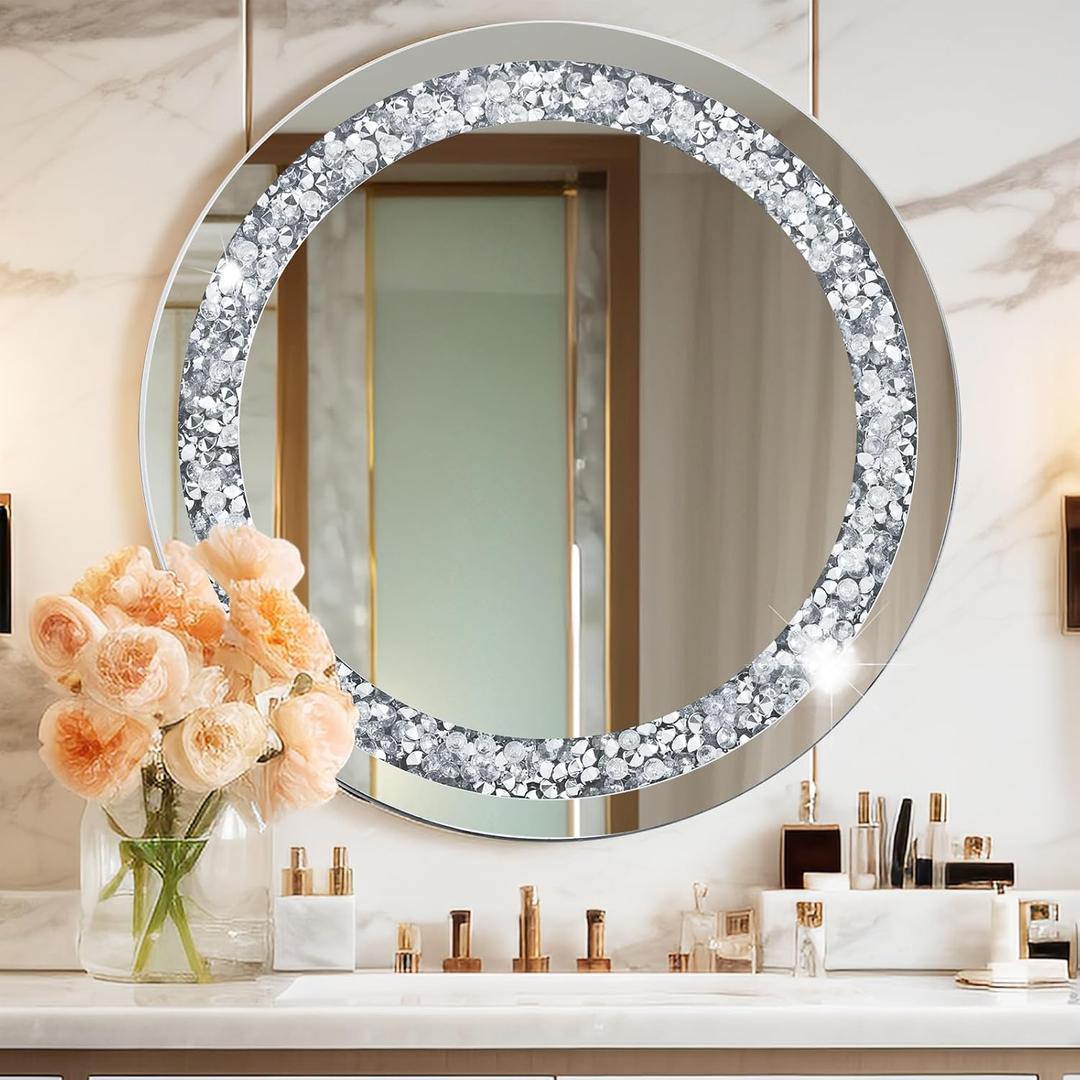 28 Inch Crushed Diamond Round Glass Wall Mirror, Bathroom Mirror, Wall Decoration Hanging Mirror, Suitable for Living Room, Bedroom, Vanity