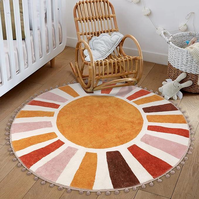 LIVEBOX Boho Nursery Rug Round 4ft Sun Rainbow Rugs for Girls Bedroom, Colorful Soft Circular Rug for Kids Room, Non-Slip Circle Cute Washable for Living Room Classroom Play Room