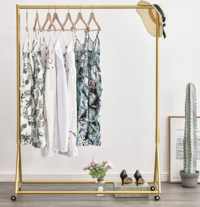 BOSURU Gold Pipe Clothing Racks Freestanding, Modern Metal Clothes Rack Heavy Duty, Easy Assemble Clothing Rack for Hanging Boutiques and Bedroom 47" L