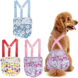 3 Pack Washable Female Dog Diapers with Suspender - Reusable Super Absorbent & Leakproof Fixed Doggie Diapers for Dogs in Heat Cycle M