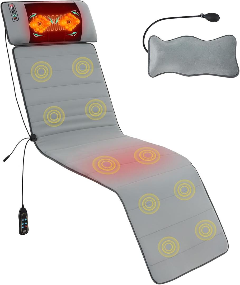 Sweetcrispy Full Body Massage Mat, Heating Pad with Massager, Vibrating Heating Pad for Back Pain, Leg, Full Body, with 10 Motors and 9 Speed Settings, Gift for Dad Mom (Grey)