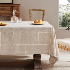 ZeeMart Grid Embroidered Tablecloths 60x120 Inch (Fit 7ft8ft, Narrow Fit 9ft Rectangle Table), Taupe Farmhouse Heavy Weight Cotton Linen Water Resistant Boho Table Cloth