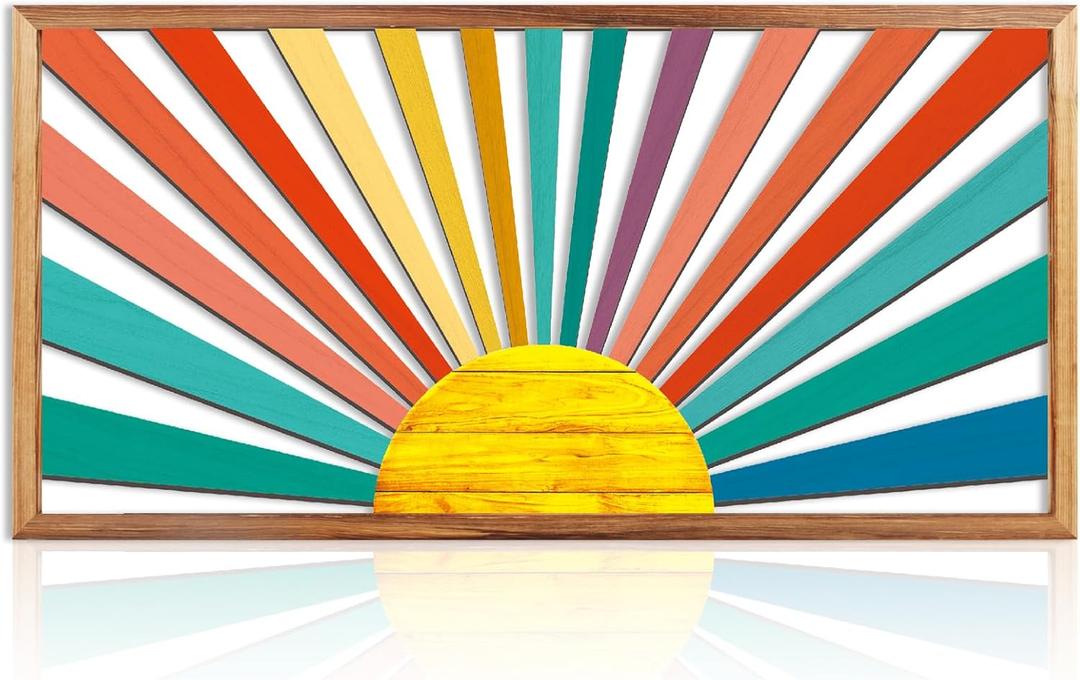 IARTTOP Large Boho Sun Wall Art Framed Wooden Art Wall Decor Sun Geometric Line Sunshine Wall Art for Living Room Bedroom Office 16""x32"", red