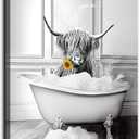 Yaoliyu Highland Cow Wall Art Farmhouse Bathroom Decor Black and White Canvas Prints Cow in Bathtub Picture Stretched and Framed Ready to Hang 16x20inch