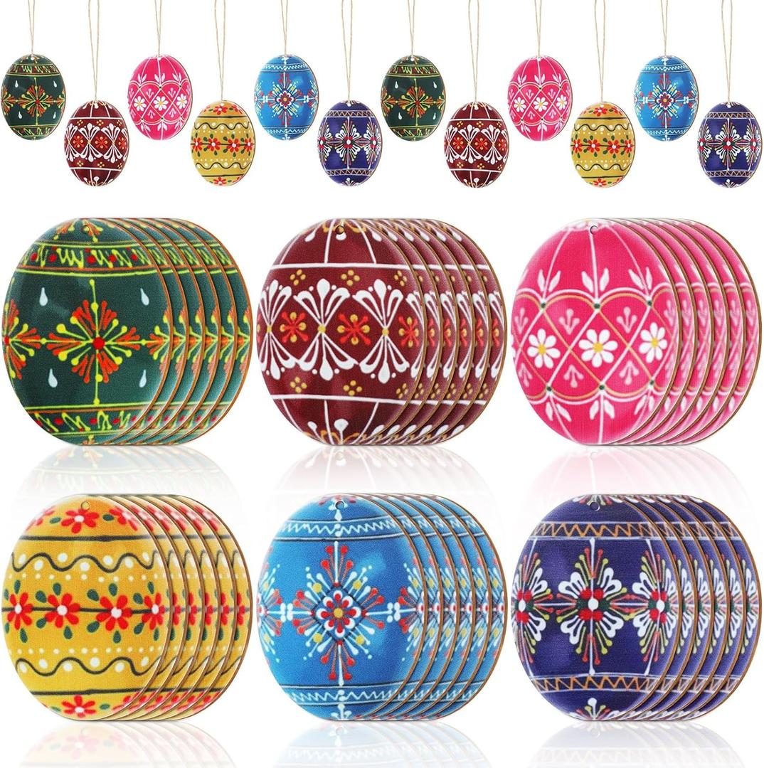 36 Pcs Easter Egg Ornaments Tree Decorations, Easter Ukrainian Eggs Wooden Ornaments Set with Hemp Rope Folk Art Round Wood Discs for Crafts Hanging Decorations Holiday Gift Event